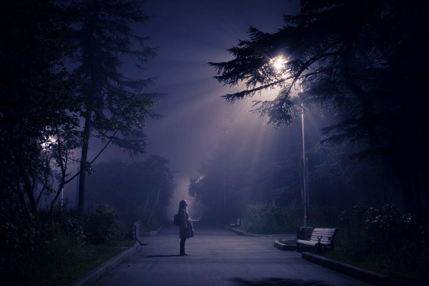 Woman looking up at streetlight in foggy park - saving money and energy with solar led streetlights