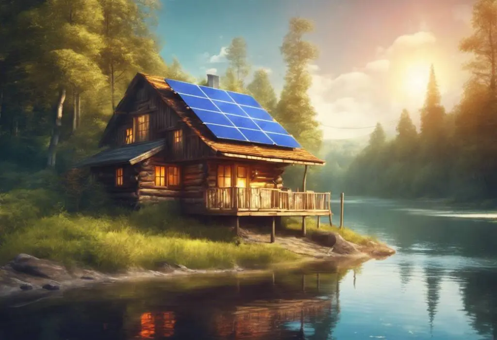 Beautiful off grid cabin in forest with river and using solar off grid power system