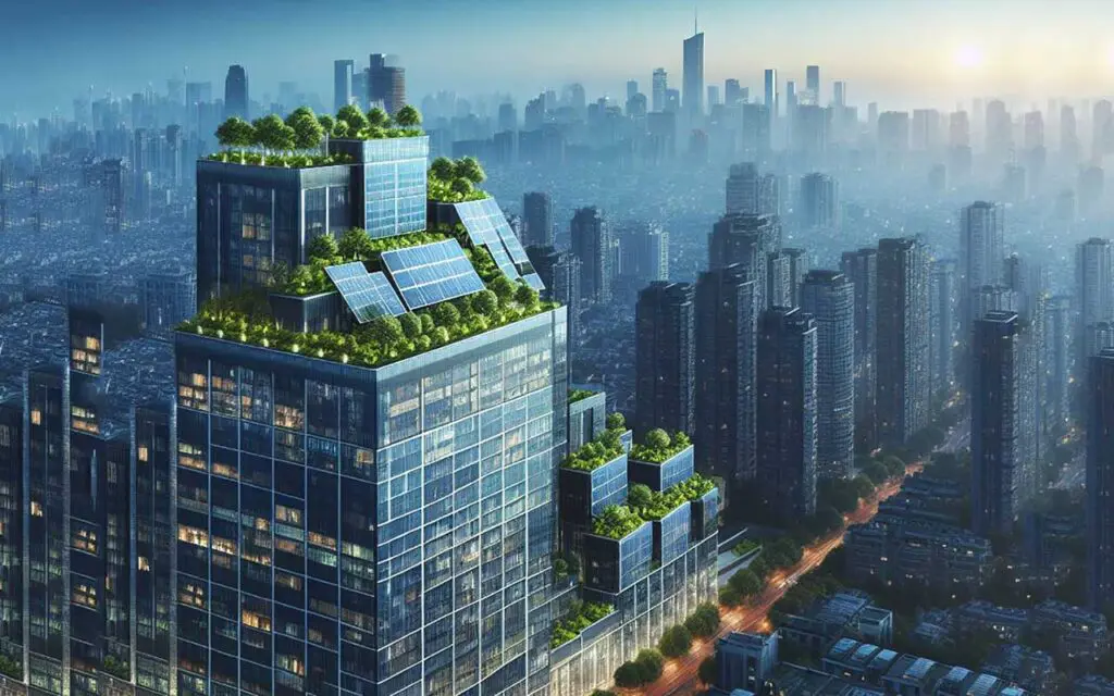 Green building skyscraper with green roof and solar panels