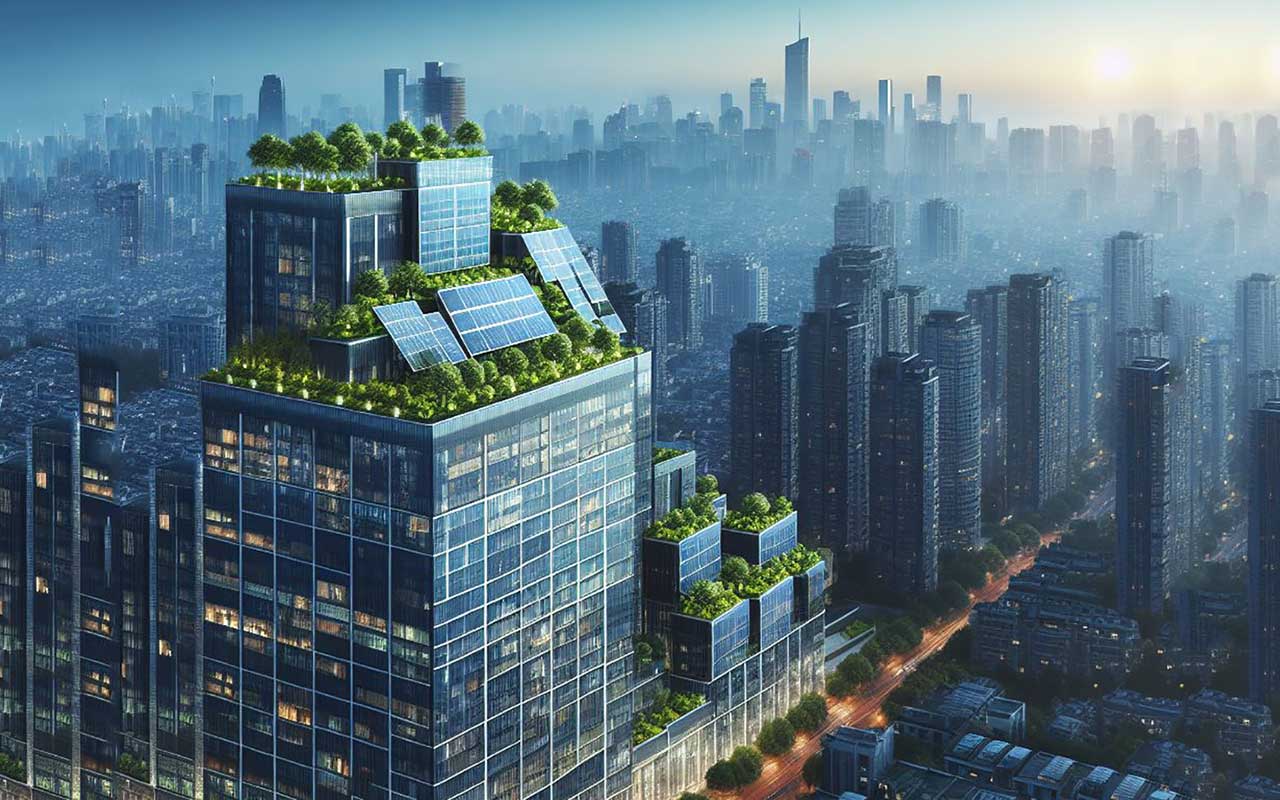 Leed'S Reputation At Risk Due To Flooding Vulnerabilities 2 Green building skyscraper with green roof and solar panels