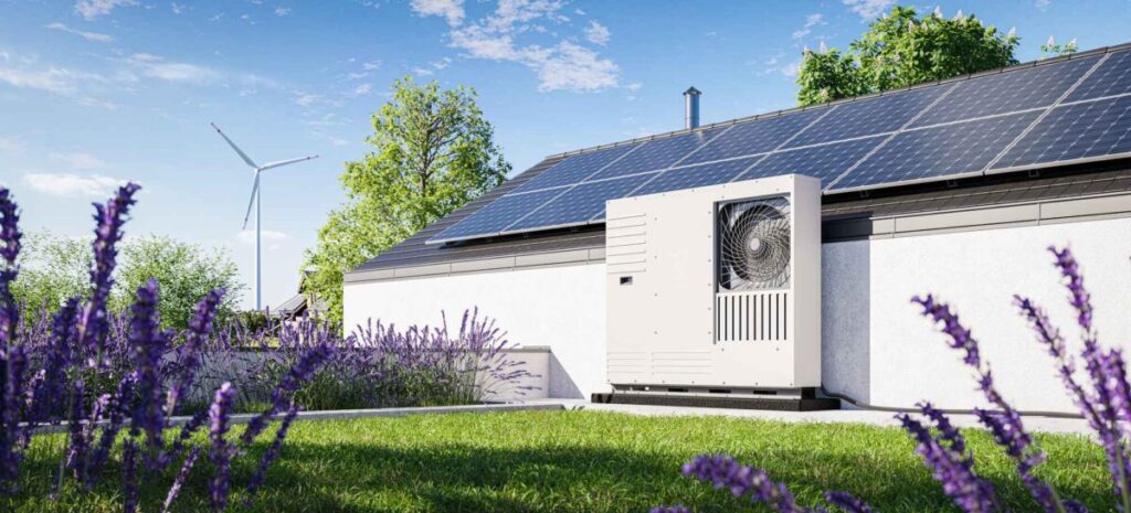 Home with solar panels and heat pumps
