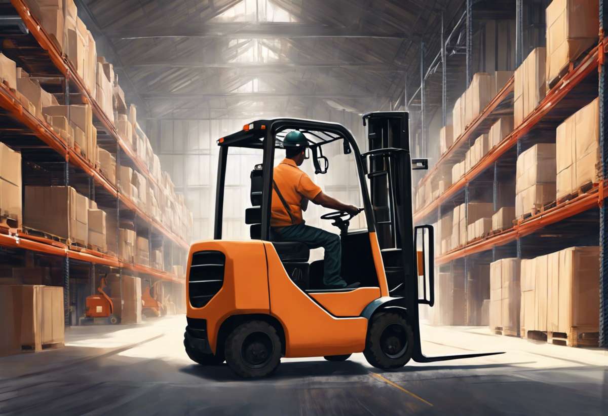 Driving forklift in warehouse of building supplies